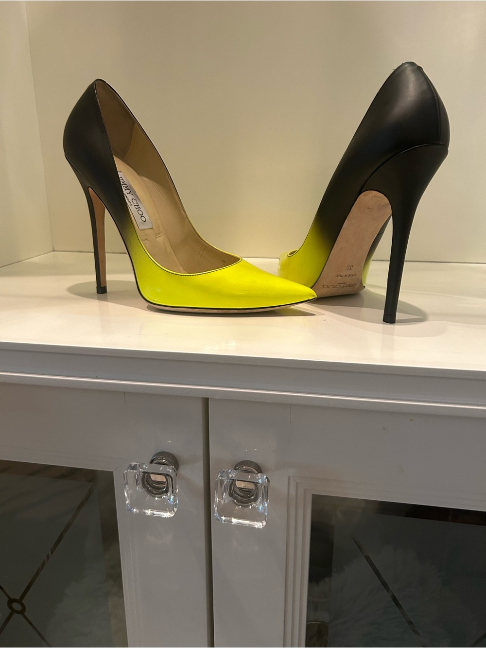 Jimmy Choo Black and Neon Yellow Gradient Pointed-Toe Stiletto Pumps